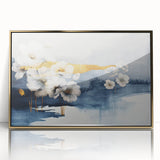 Framed wall art featuring an abstract design of strokes and lines in gold and neutral tones, ideal for modern home decor, adding elegance and sophistication.