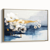 Framed canvas wall art showcasing an abstract design of golden strokes and lines, elegantly displayed in a modern setting, perfect for contemporary decor.