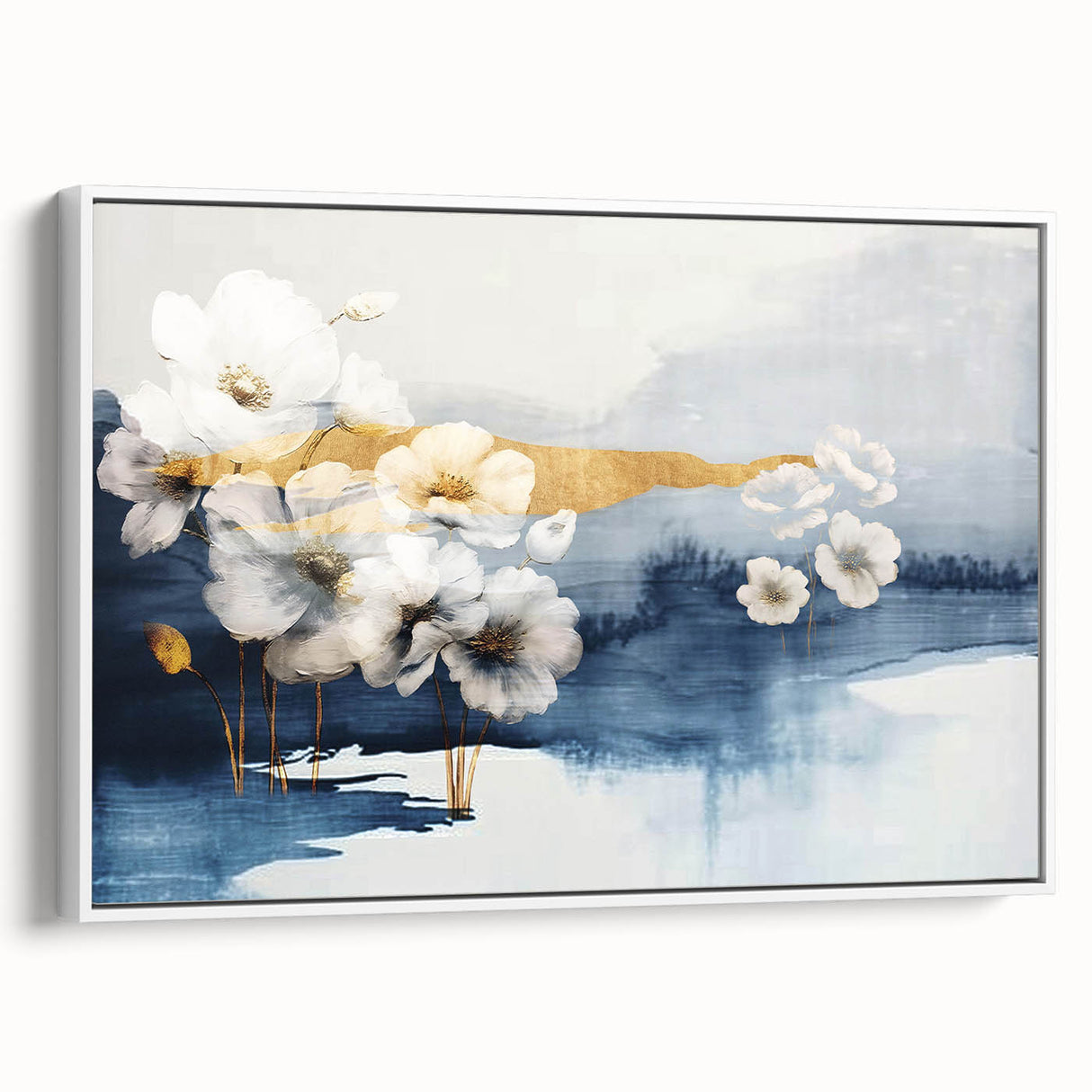 Framed canvas wall art showcasing an abstract design of colorful strokes and lines, featuring a sleek white frame and a contemporary aesthetic, ideal for modern decor.
