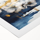 Abstract strokes and lines in vibrant hues of blue, orange, and yellow create a modern, eye-catching wall art design on rolled canvas, perfect for contemporary decor.