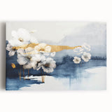 Abstract wall art design featuring vibrant strokes and lines in shades of blue, orange, and yellow on a stretched canvas, ideal for modern home decor.