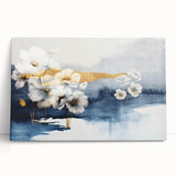 Abstract canvas wall art featuring dynamic strokes and lines in shades of blue, orange, and gold, perfect for modern interior decor. This piece adds vibrant energy to any living space.