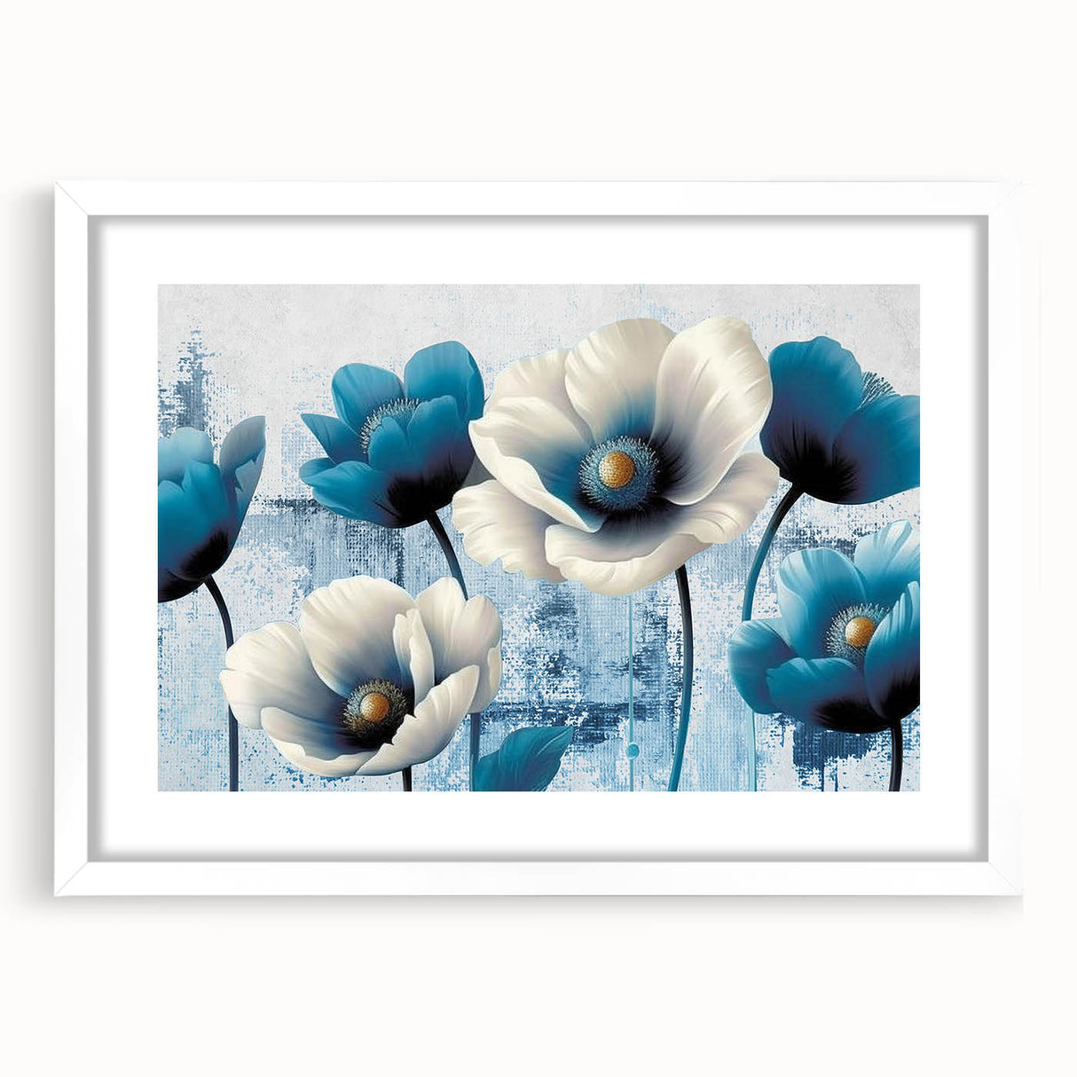 Abstract strokes and lines design wall art print featuring a white frame with matting, ideal for modern decor. The artwork showcases a blend of muted colors, adding a contemporary aesthetic to any room.