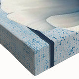 Close-up view of a stretched canvas featuring an abstract design with vibrant strokes and lines in shades of blue, yellow, and orange, ideal for modern home decor.