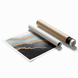 Abstract wall art print showcasing vibrant strokes and lines in shades of blue, orange, and gold, perfect for modern home decor. Ideal for adding a contemporary touch to living spaces.