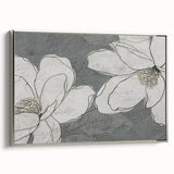 Framed canvas wall art showcasing an abstract design with silver strokes and lines, highlighting modern elegance and sophistication in home decor.