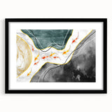 Abstract wall art featuring dynamic strokes and lines in a striking black frame with matting, showcasing modern artistic design ideal for contemporary decor.
