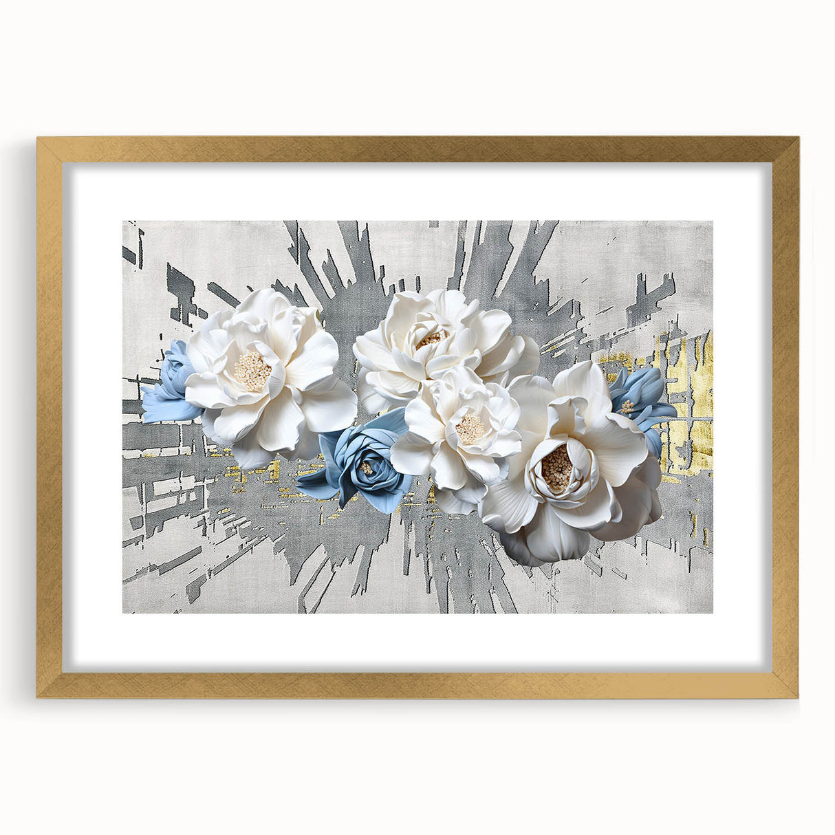 Abstract wall art featuring intricate strokes and lines in a modern design, framed with a gold mat, ideal for contemporary home decor.