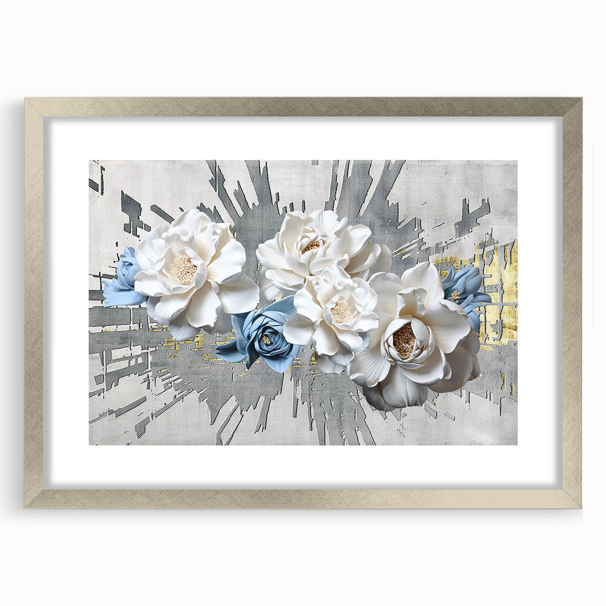 Abstract strokes and lines design wall art framed with a silver mat, showcasing a modern aesthetic perfect for contemporary home decor.