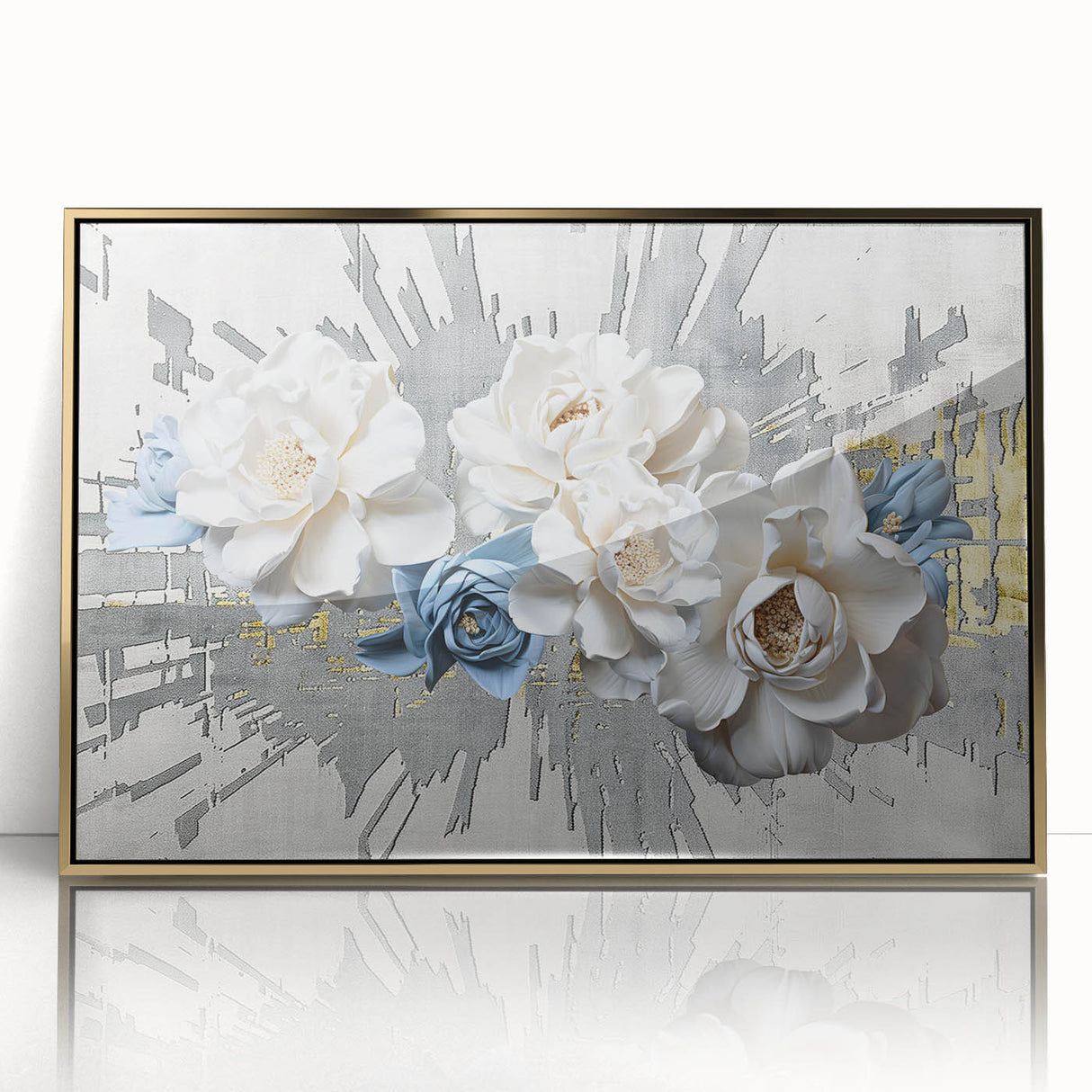Framed wall art featuring an abstract design with gold and black strokes, elegantly displayed on a white background, perfect for modern home decor.