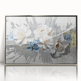 Framed acrylic wall art featuring an abstract design of colorful strokes and lines, highlighted with a sleek silver frame, ideal for modern decor.
