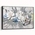 Framed wall art showcasing an abstract design of colorful strokes and lines, set against a black background, viewed from the side. Ideal for modern decor.