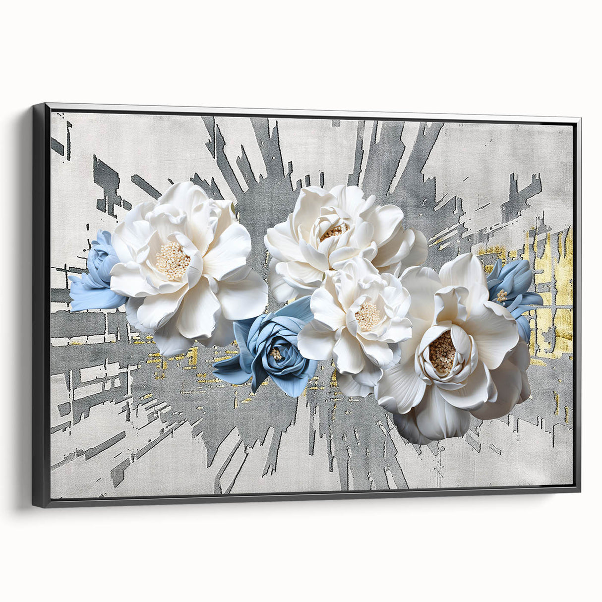 Framed wall art showcasing an abstract design of colorful strokes and lines, set against a black background, viewed from the side. Ideal for modern decor.