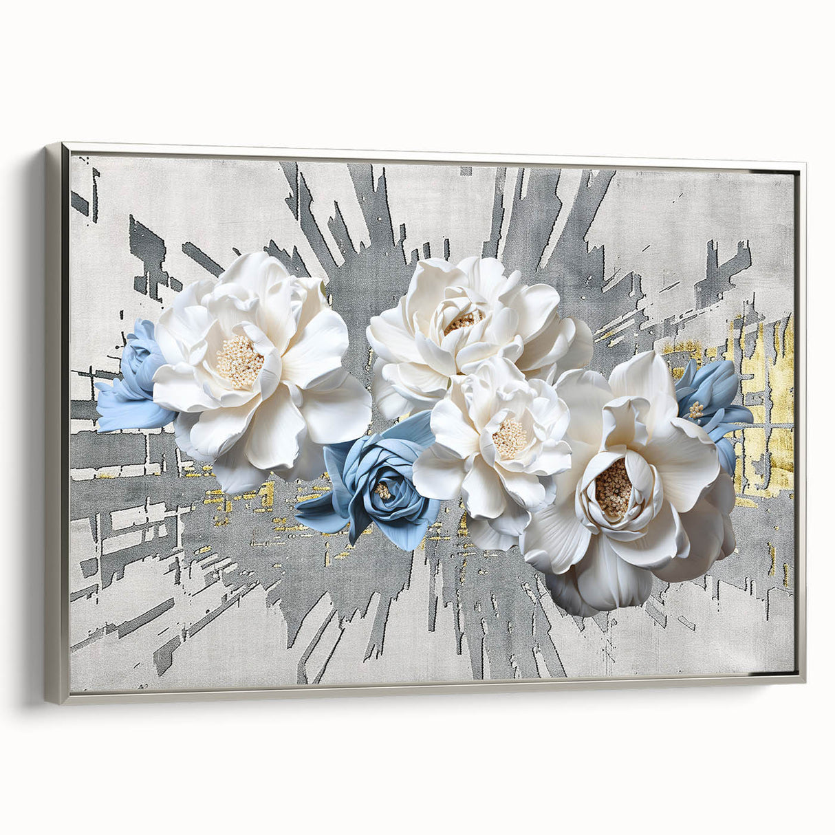 Framed canvas wall art showcasing an abstract design with flowing silver strokes and lines, perfect for modern decor, side view revealing elegant finish.