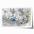 Abstract wall art print featuring vibrant strokes and lines in shades of blue, orange, and yellow, ideal for modern home decor. The piece is a rolled canvas, enhancing its versatility for various interior styles.