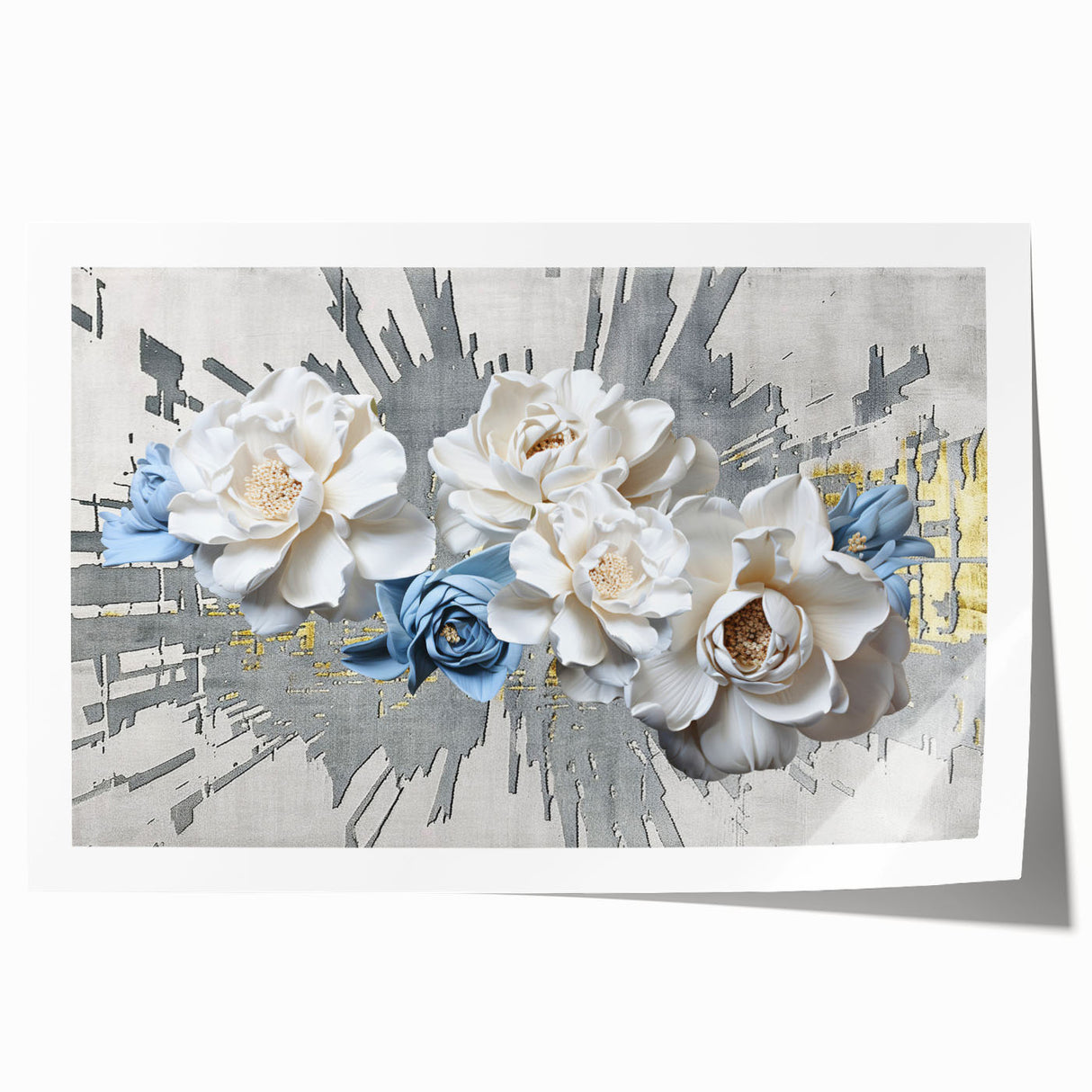 Abstract wall art print featuring vibrant strokes and lines in shades of blue, orange, and yellow, ideal for modern home decor. The piece is a rolled canvas, enhancing its versatility for various interior styles.