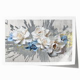 Abstract wall art print featuring vibrant strokes and lines in shades of blue, orange, and yellow, ideal for modern home decor. The piece is a rolled canvas, enhancing its versatility for various interior styles.