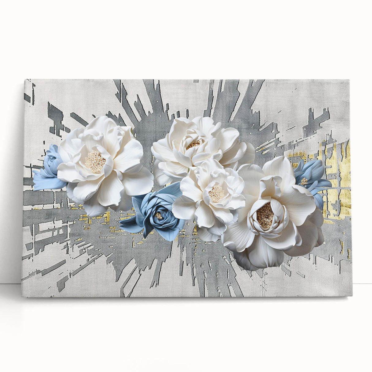Abstract strokes and lines canvas wall art in muted tones of blue, beige, and white, showcasing a modern design ideal for home decor, leaning against a wall.