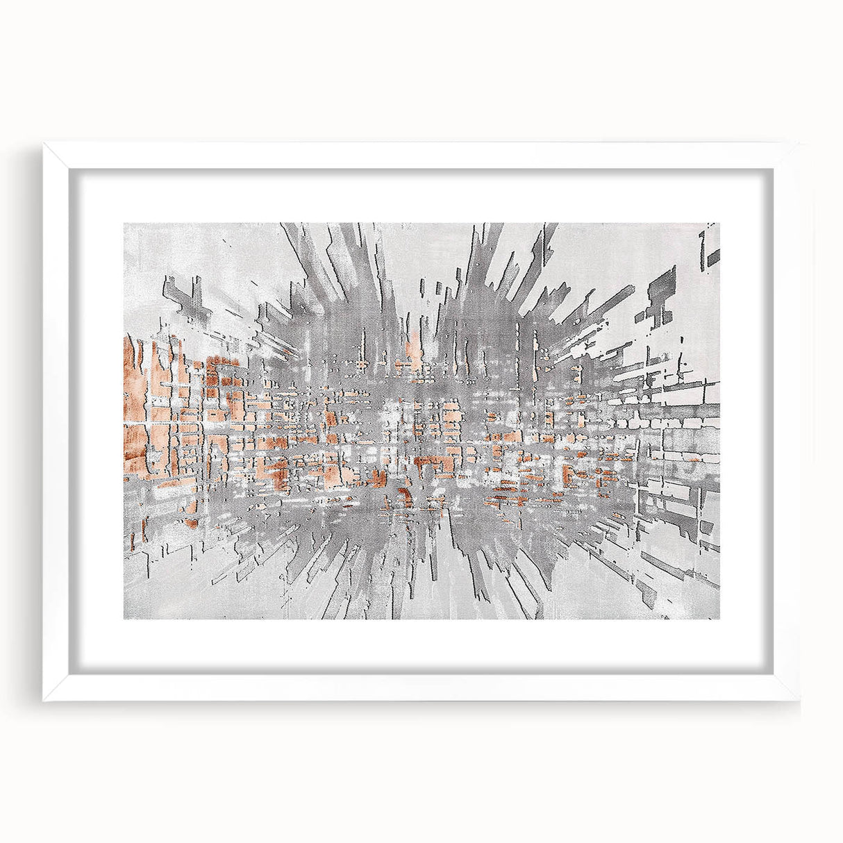 Abstract wall art featuring colorful strokes and lines in a modern design, framed with a white mat, ideal for contemporary home decor or office spaces.