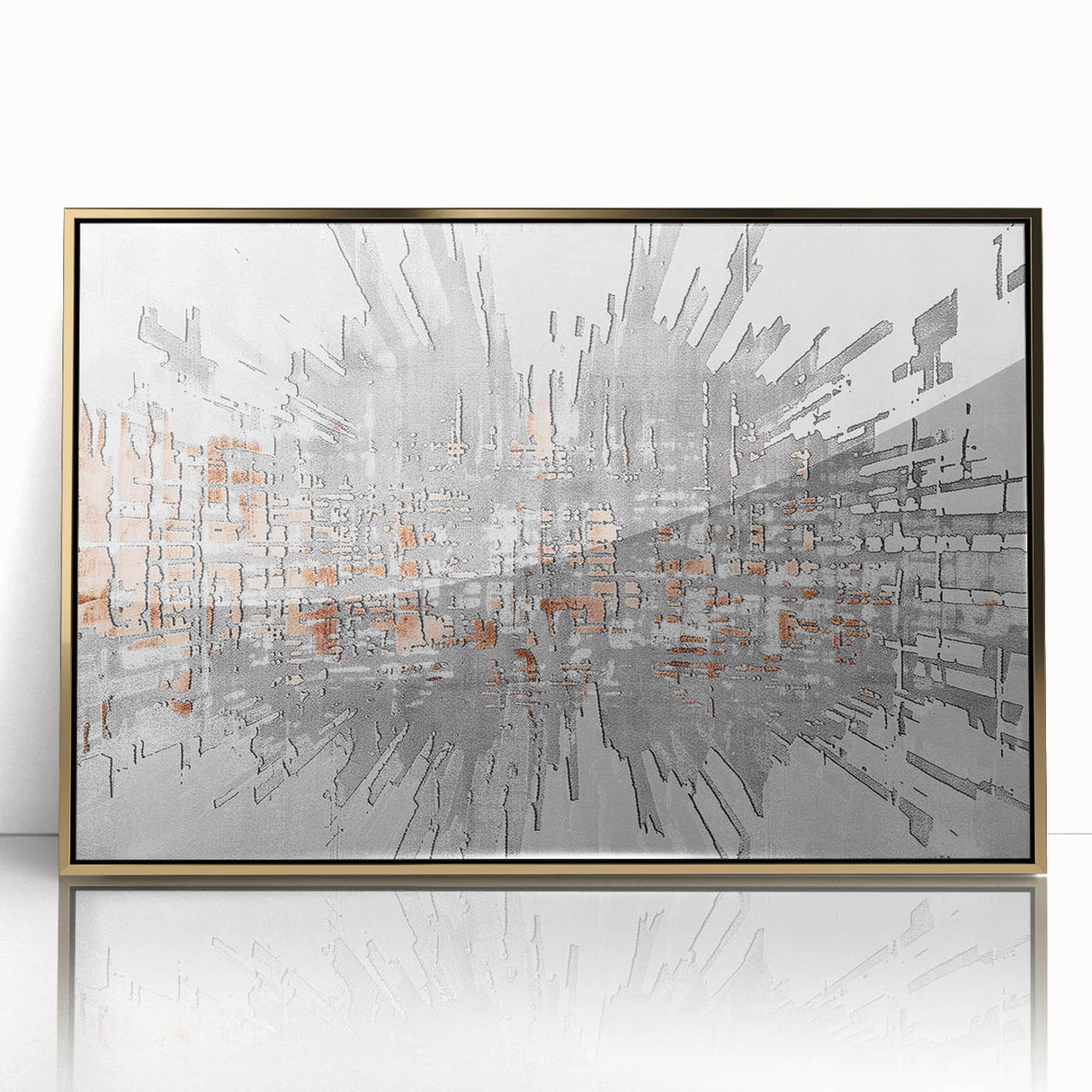 Framed wall art featuring an abstract design of colorful strokes and lines, accented with gold, ideal for modern home decor or office styling.