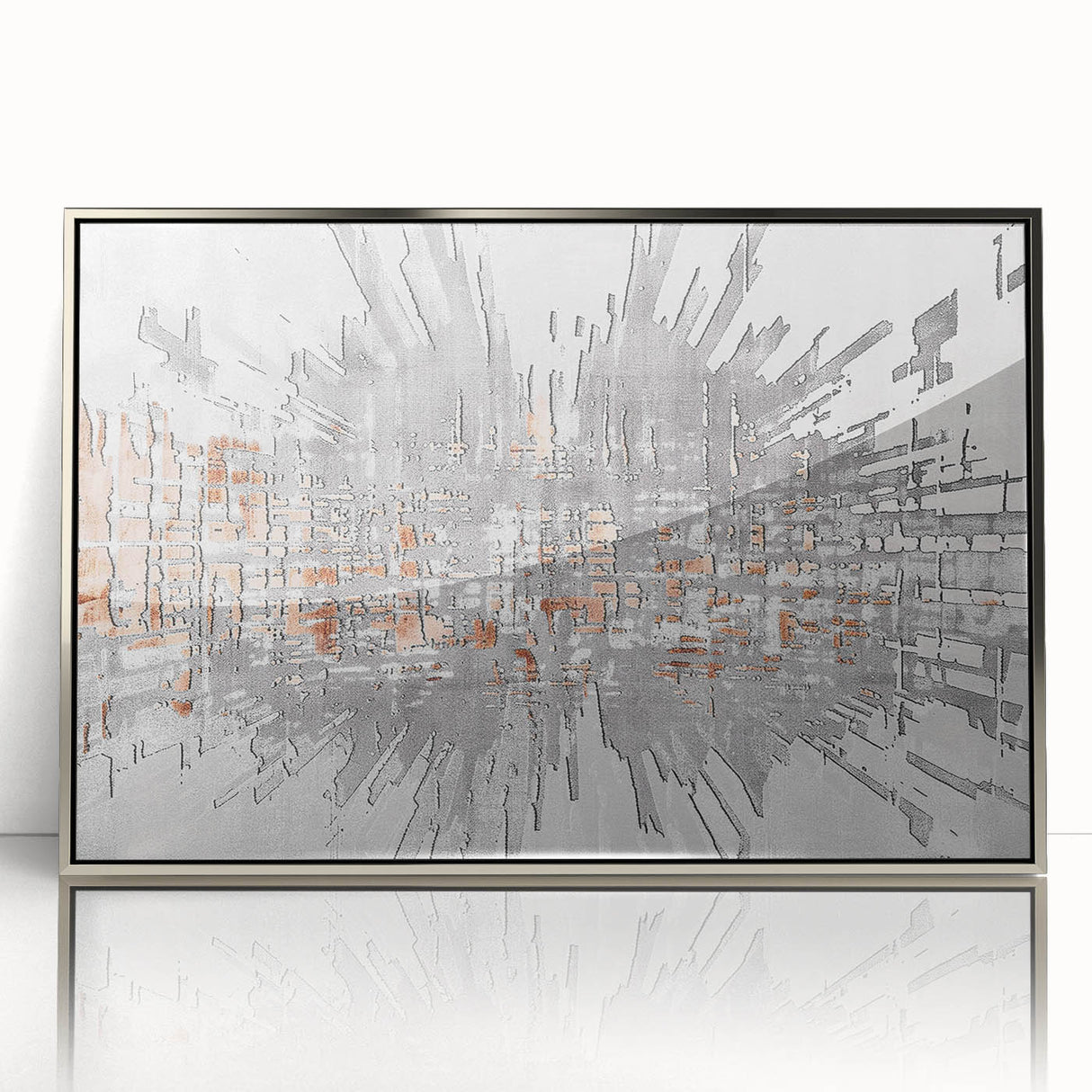 Framed abstract wall art featuring dynamic strokes and lines in silver, perfect for modern decor. Ideal for enhancing contemporary living spaces with elegance.