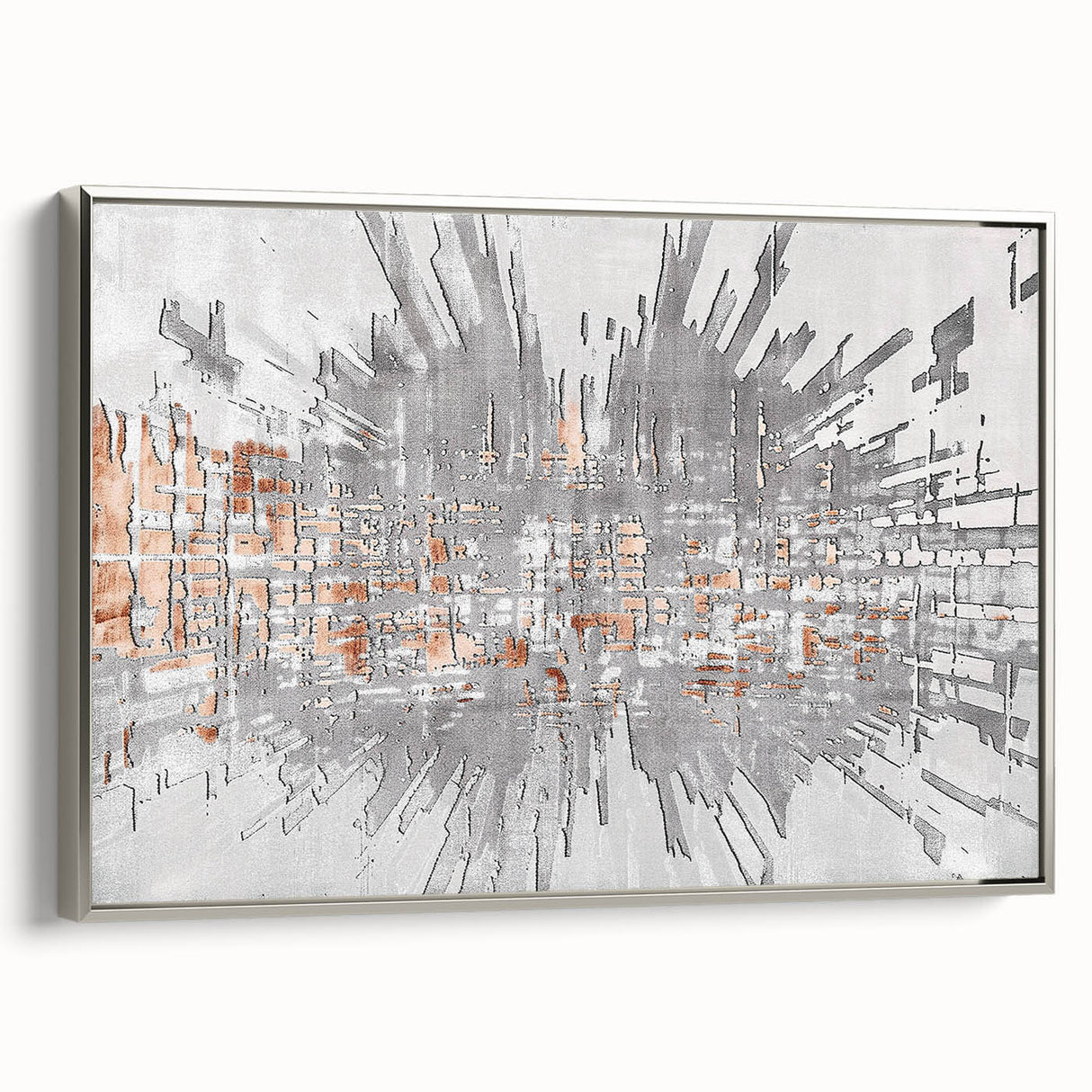 Framed canvas wall art showcasing an abstract design of colorful strokes and lines, featuring a sleek silver frame, ideal for modern home decor.