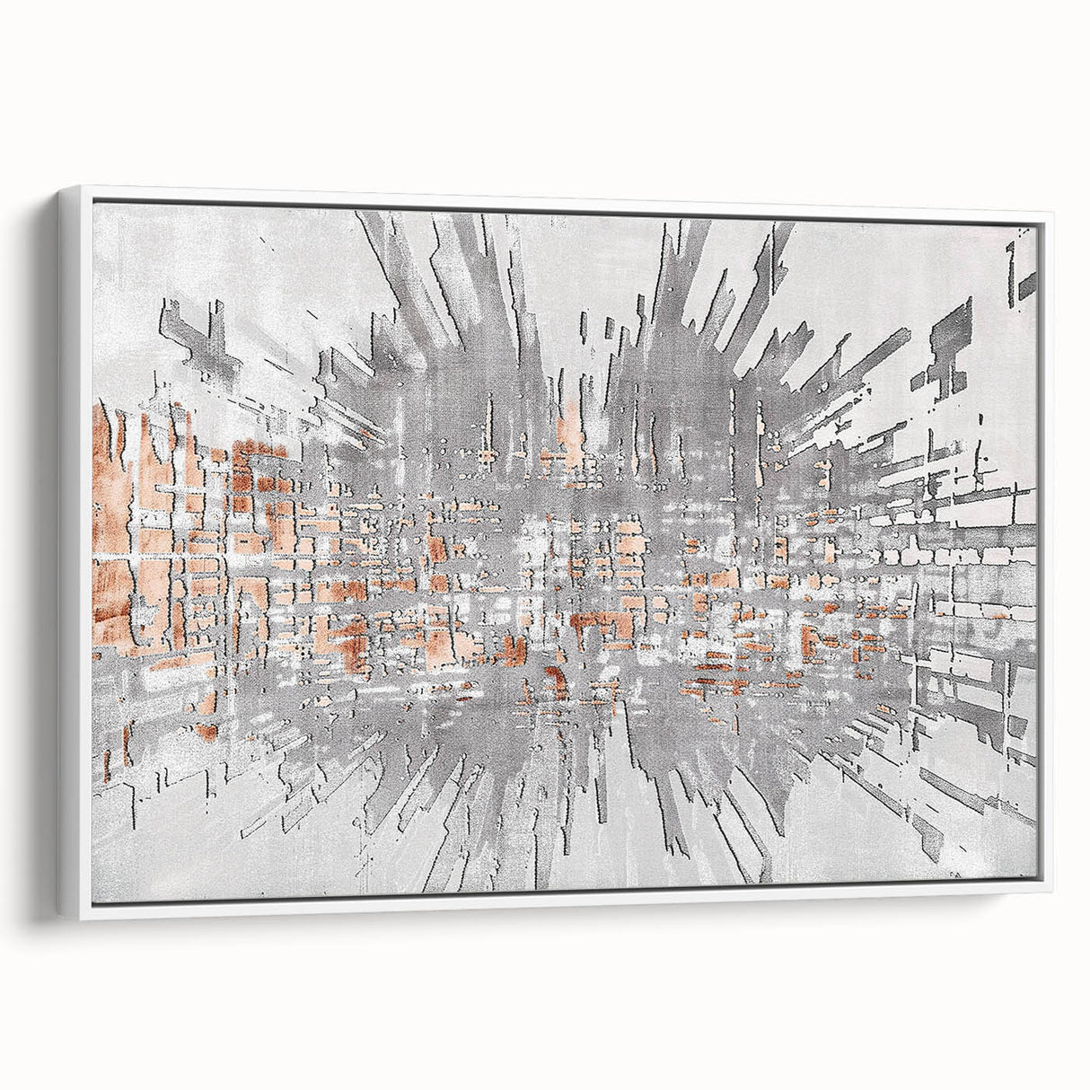 Framed canvas wall art showcasing an abstract design of strokes and lines in shades of white and gray, perfect for modern home decor.