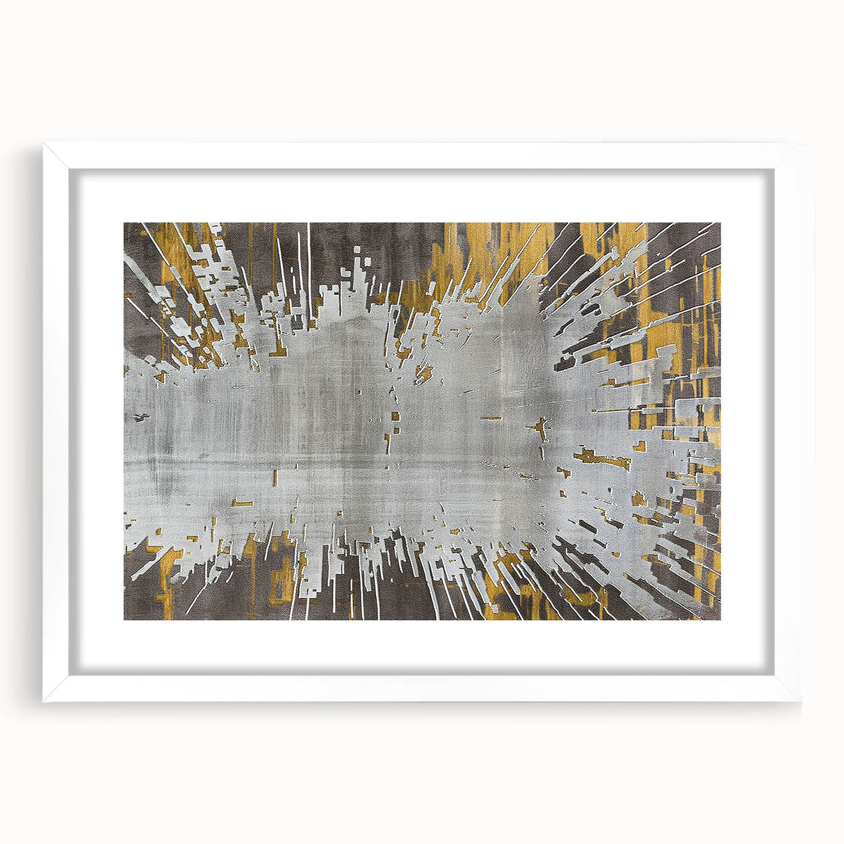 Abstract strokes and lines design in a sleek white frame with matting, showcasing a modern wall art piece perfect for contemporary decor. Ideal for enhancing living spaces with artistic flair.