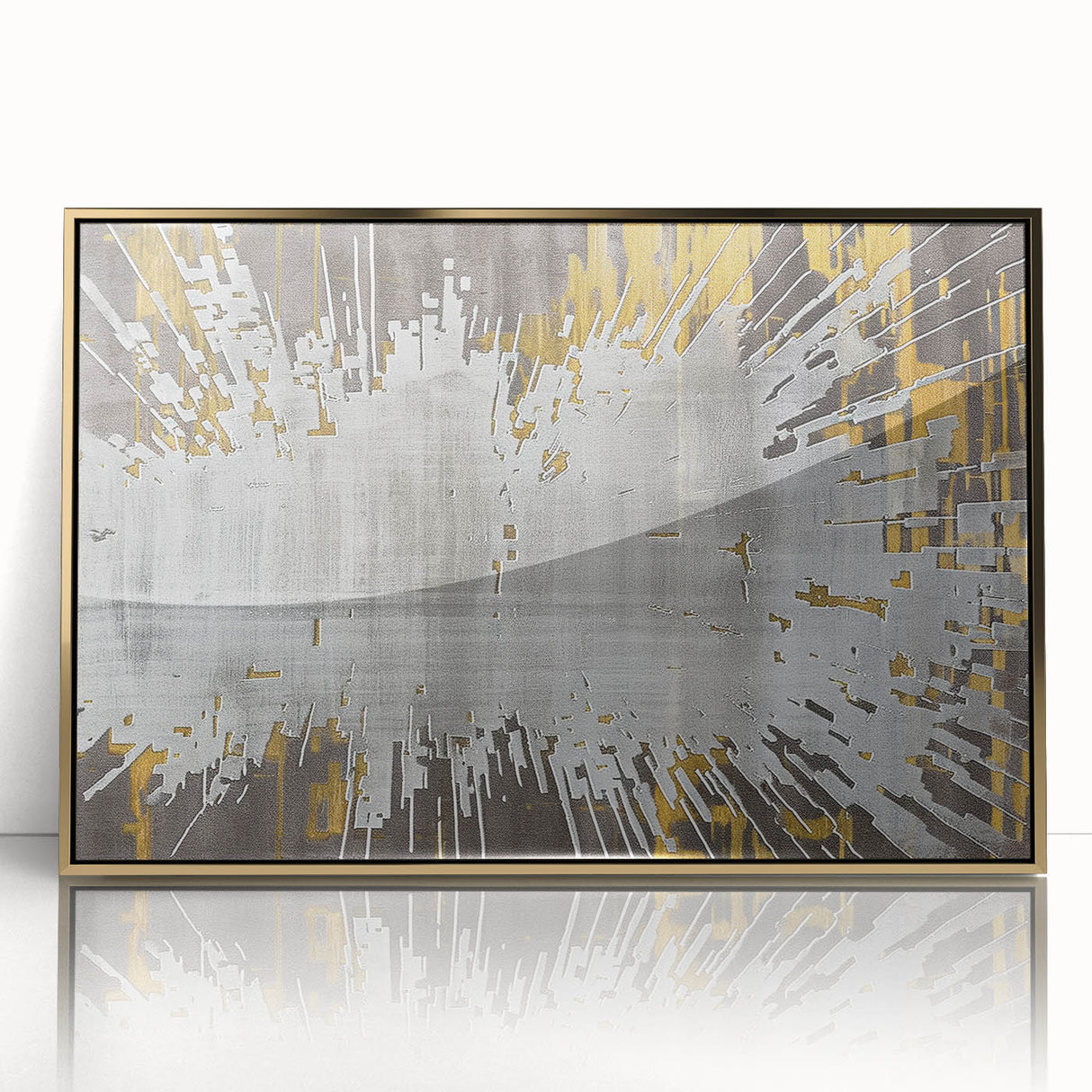 Framed wall art featuring an abstract design of golden strokes and lines on a sleek acrylic surface, perfect for modern interior decor.