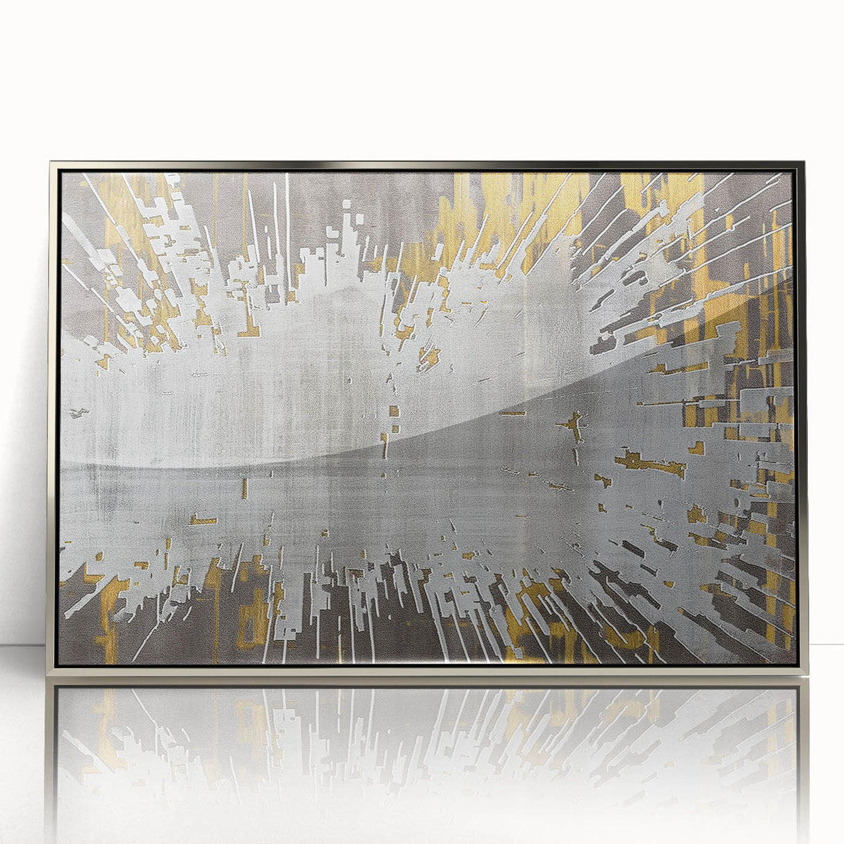 Framed abstract wall art featuring dynamic strokes and lines in silver and black, showcasing a modern design ideal for contemporary decor. Perfect for adding elegance to any room.