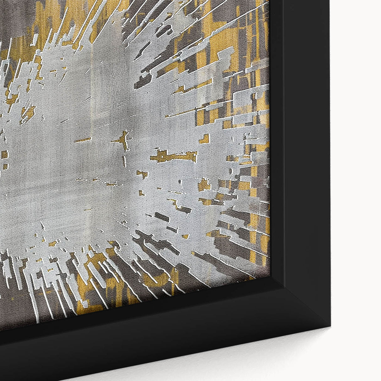 Close-up of a framed abstract wall art piece, showcasing vibrant strokes and lines in shades of blue, orange, and yellow, perfect for modern home decor.