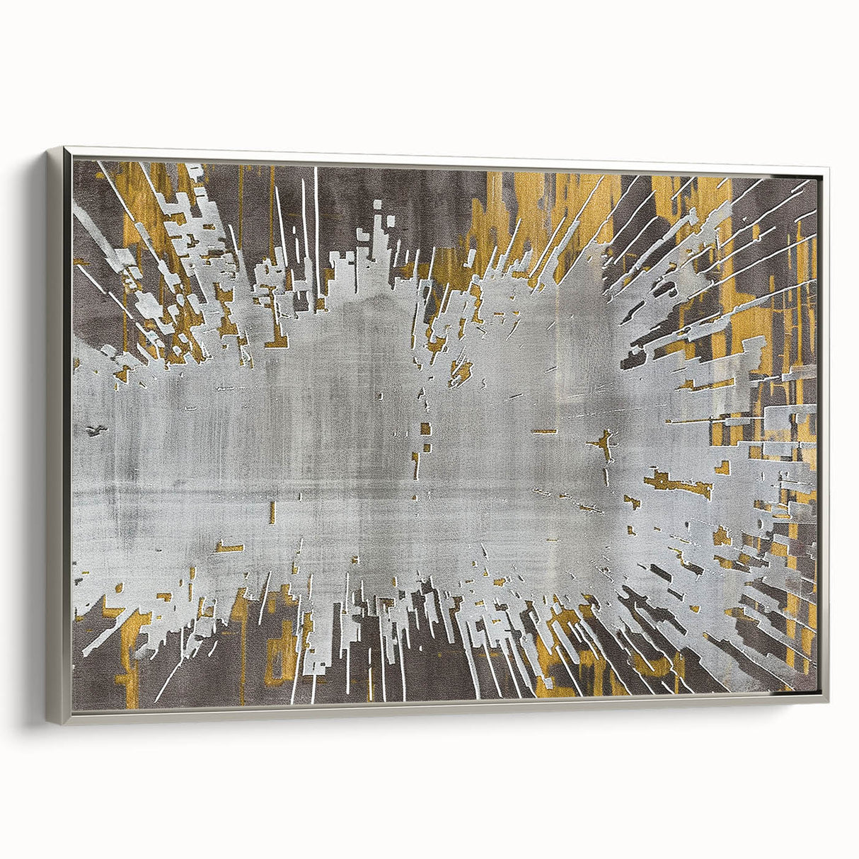 Framed canvas wall art featuring an abstract strokes and lines design in silver tones, showcasing a modern aesthetic ideal for contemporary home decor.