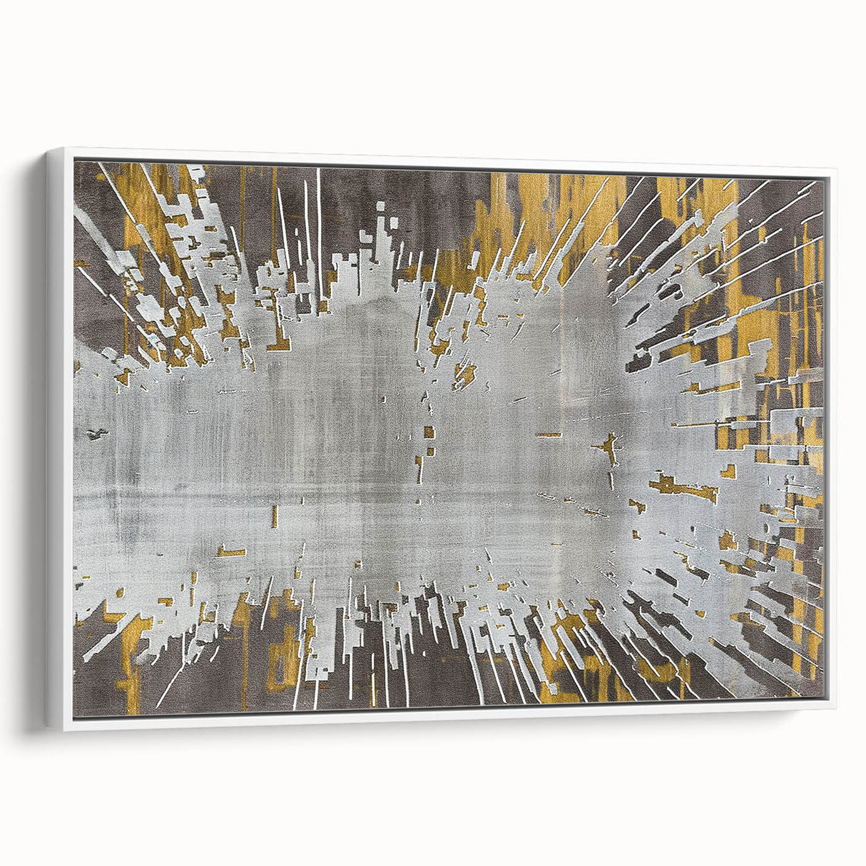 Framed canvas wall art showcasing an abstract design of colorful strokes and lines in shades of blue, yellow, and gray, adding a modern touch to home decor.