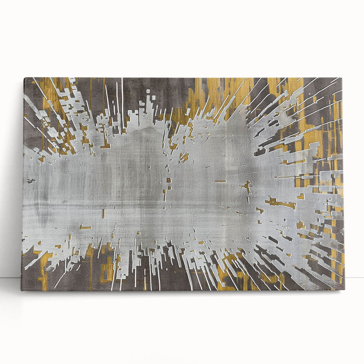 Colorful abstract strokes and lines design on a stretched canvas, blending warm tones of orange, blue, and yellow, perfect for modern home decor.