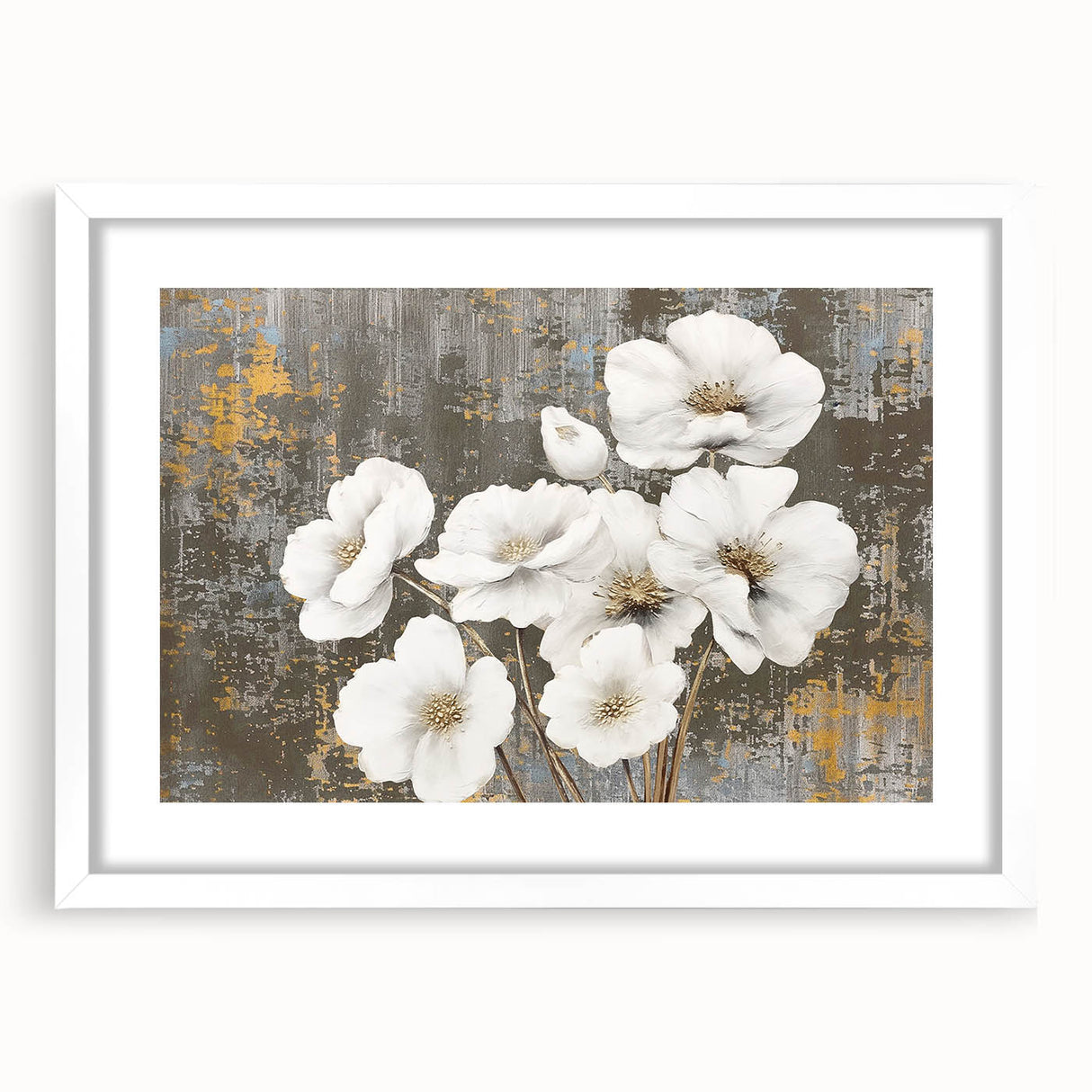 Abstract wall art featuring dynamic strokes and lines in soft pastel colors, framed with a white mat, perfect for modern home decor.