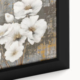 Close-up of a framed canvas artwork showcasing an abstract design of vibrant strokes and lines in shades of blue, orange, and yellow, ideal for modern home decor.