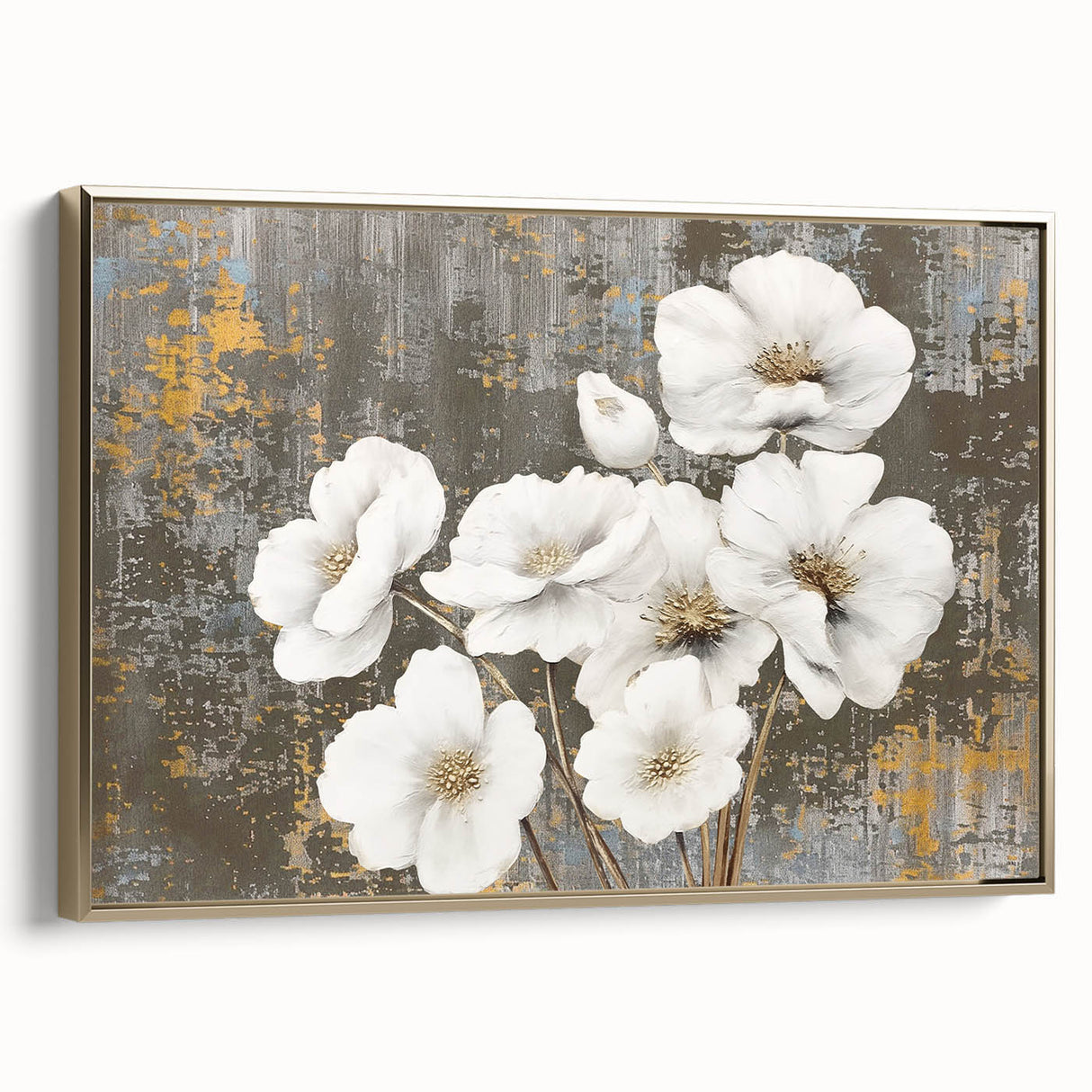 Framed canvas artwork showcasing an abstract design with dynamic gold and black strokes, adding an elegant touch to modern decor. Ideal for contemporary living spaces.