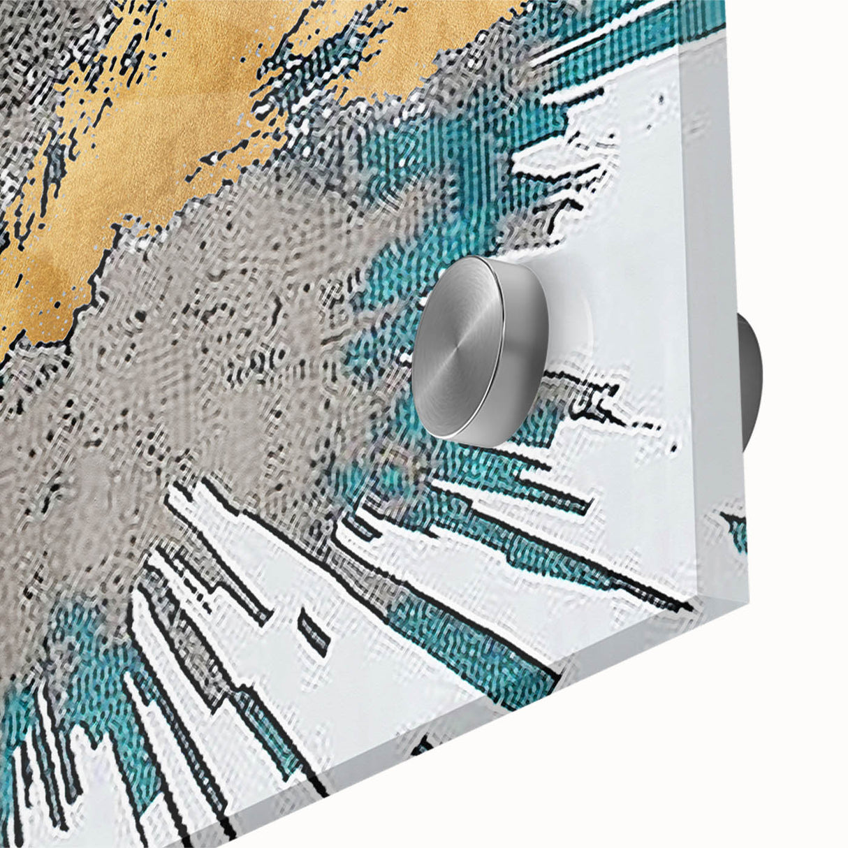 Abstract close-up of modern wall art featuring colorful strokes and lines in shades of blue, pink, and yellow on acrylic glass, ideal for contemporary decor.