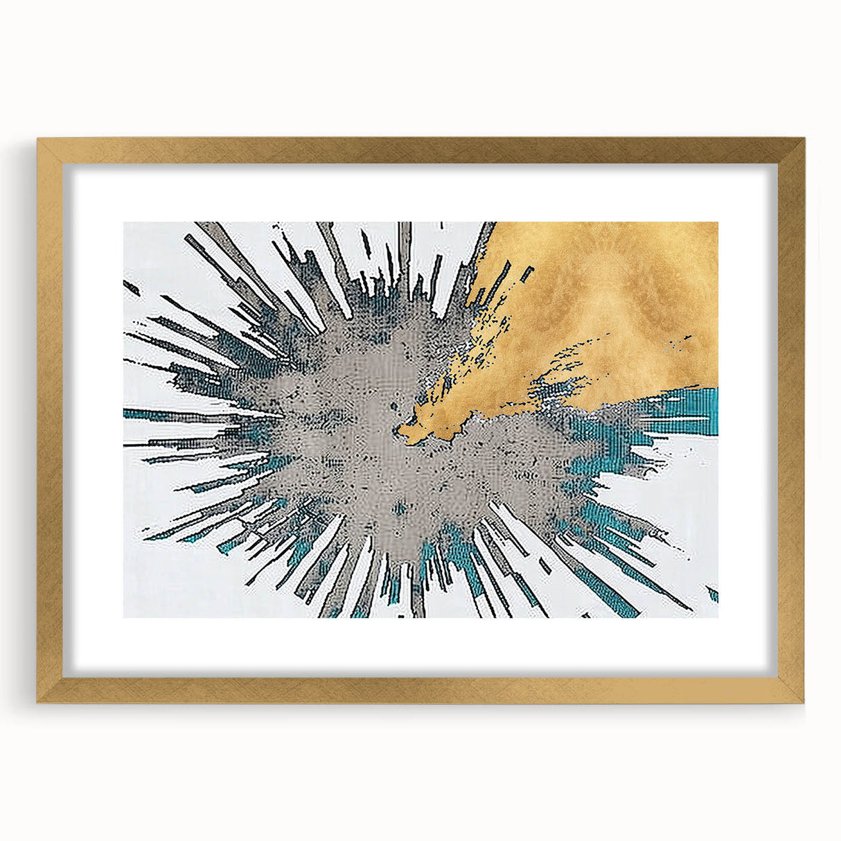 Abstract wall art featuring bold strokes and lines in a gold frame with a matte finish, ideal for modern decor, enhancing contemporary living spaces.