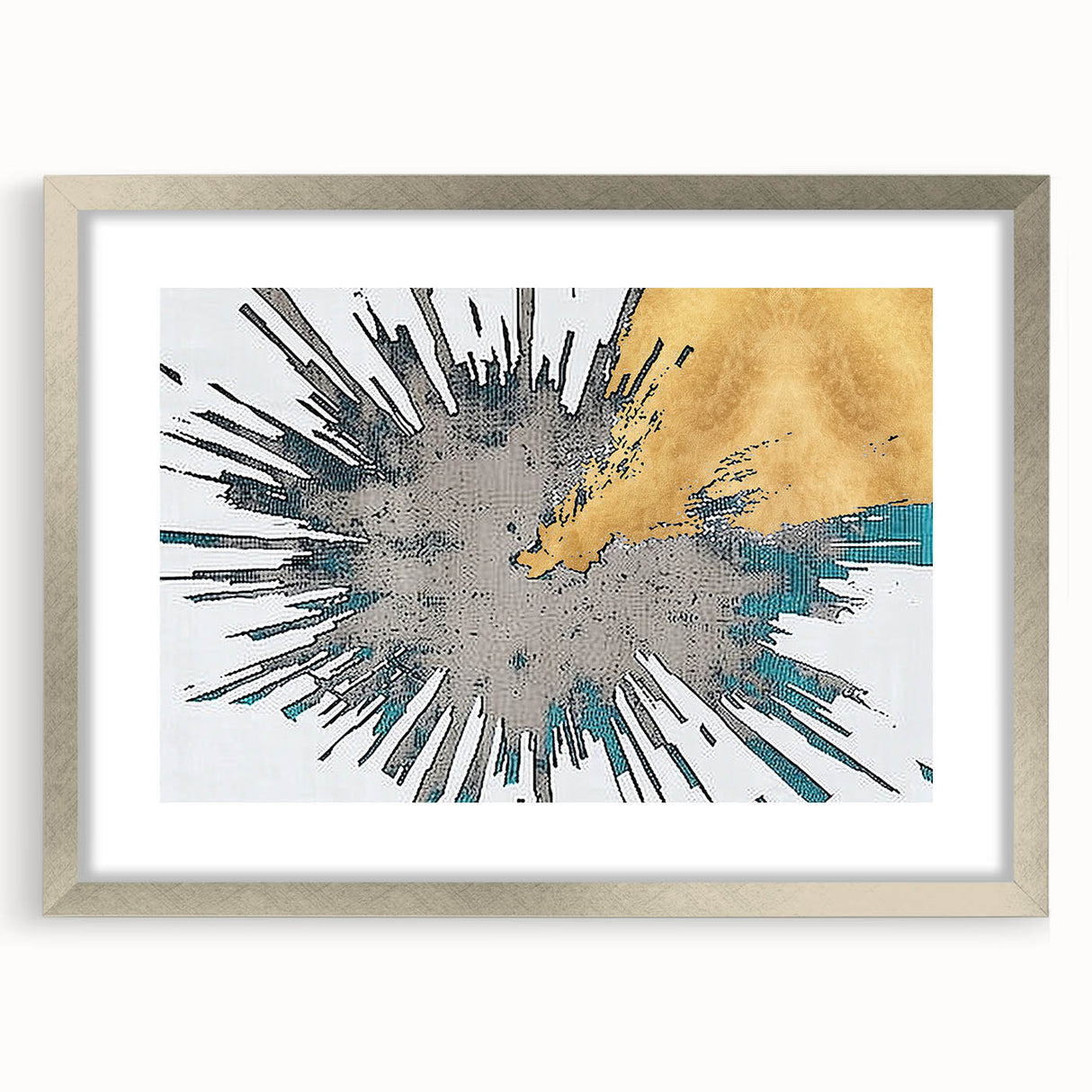 Abstract wall art featuring dynamic strokes and lines in a silver frame, showcasing a modern design perfect for contemporary decor. Ideal for enhancing living spaces.
