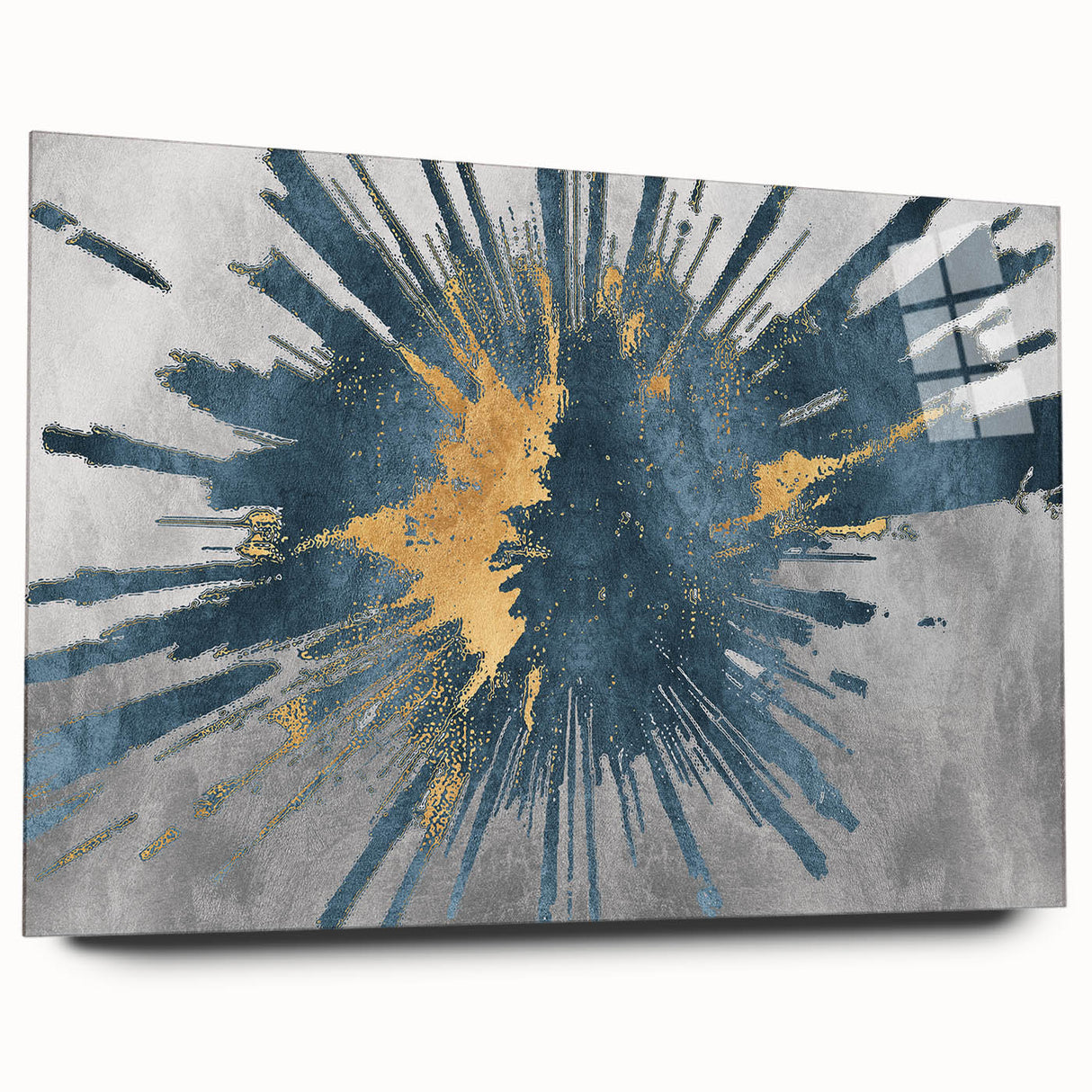 Abstract wall art featuring colorful strokes and lines in a modern design, presented in a sleek acrylic glass frame, showcasing a side view and enhancing contemporary decor.