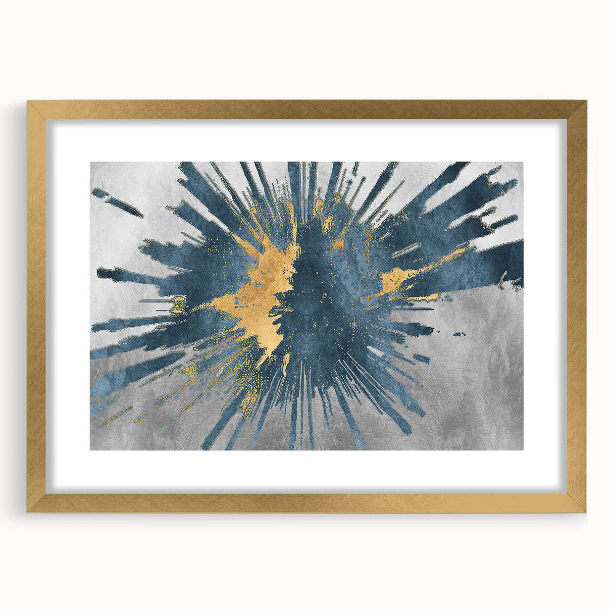 Abstract wall art featuring gold strokes and lines in a modern design, framed with a mat for an elegant presentation, perfect for contemporary decor.