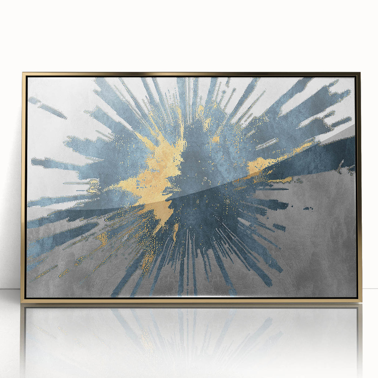 Framed wall art featuring an abstract design of colorful strokes and lines in gold and white, perfect for modern decor in living spaces or offices, adding elegance and style.