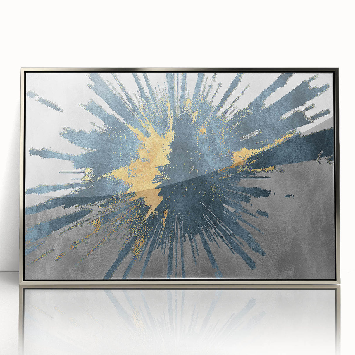 Framed abstract wall art featuring dynamic strokes and lines in silver and gray hues, enhancing modern decor with a sleek, contemporary look. Ideal for stylish interiors.