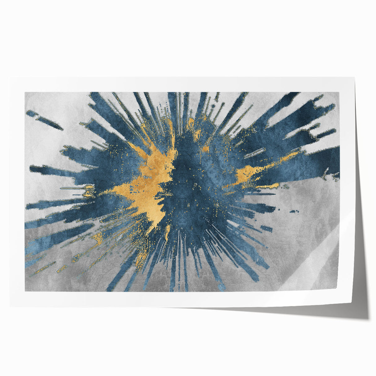 Abstract wall art print showcasing vibrant strokes and lines in a blend of blue, gold, and white, perfect for modern decor. Ideal for adding a contemporary touch to living spaces.