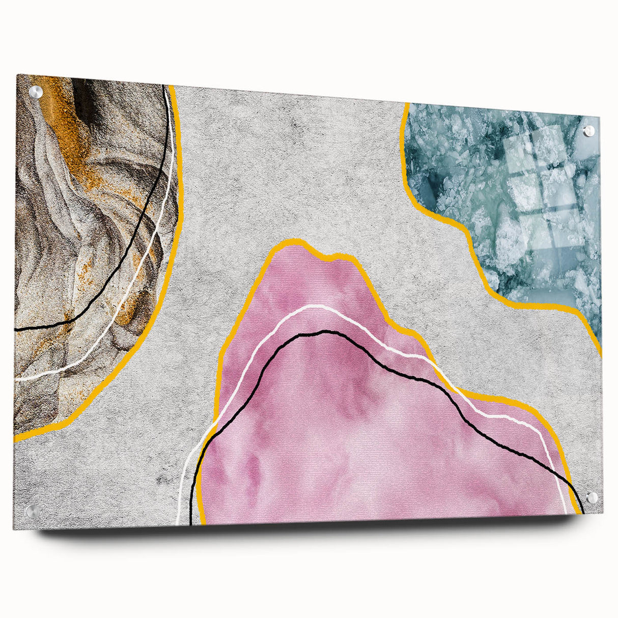 Abstract wall art featuring dynamic strokes and lines in vibrant colors, displayed in an acrylic glass frame with visible mounting pins for a modern aesthetic.