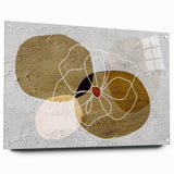 Abstract wall art featuring vibrant strokes and lines in shades of blue, orange, and yellow on acrylic glass, elegantly displayed with pins for modern decor. Ideal for contemporary interiors and art enthusiasts seeking unique home accents.