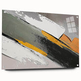 Abstract design featuring colorful strokes and lines on acrylic glass, showcasing a modern wall art piece with a side view, elegantly pinned for display. This vibrant artwork enhances contemporary decor with its striking visual appeal and fluid shapes.