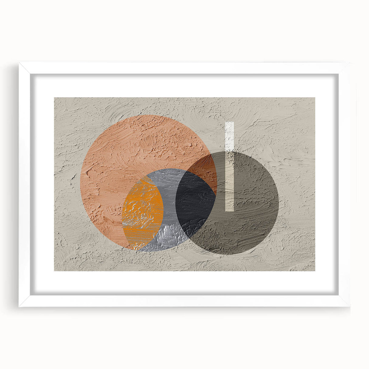 Abstract strokes and lines create a modern wall art design, framed in white with a mat, showcasing a contemporary aesthetic ideal for home décor.