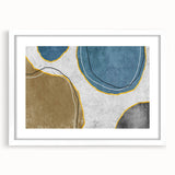 Abstract wall art featuring bold strokes and lines in various shades of blue, yellow, and gray, framed with a white mat, perfect for modern home decor.